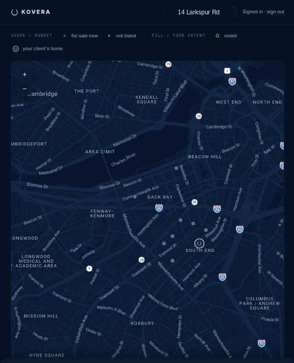 The Kovera app: a dark map of a city with homes marked on it, above a key explaining that a star means for sale now and a circle means not listed.
