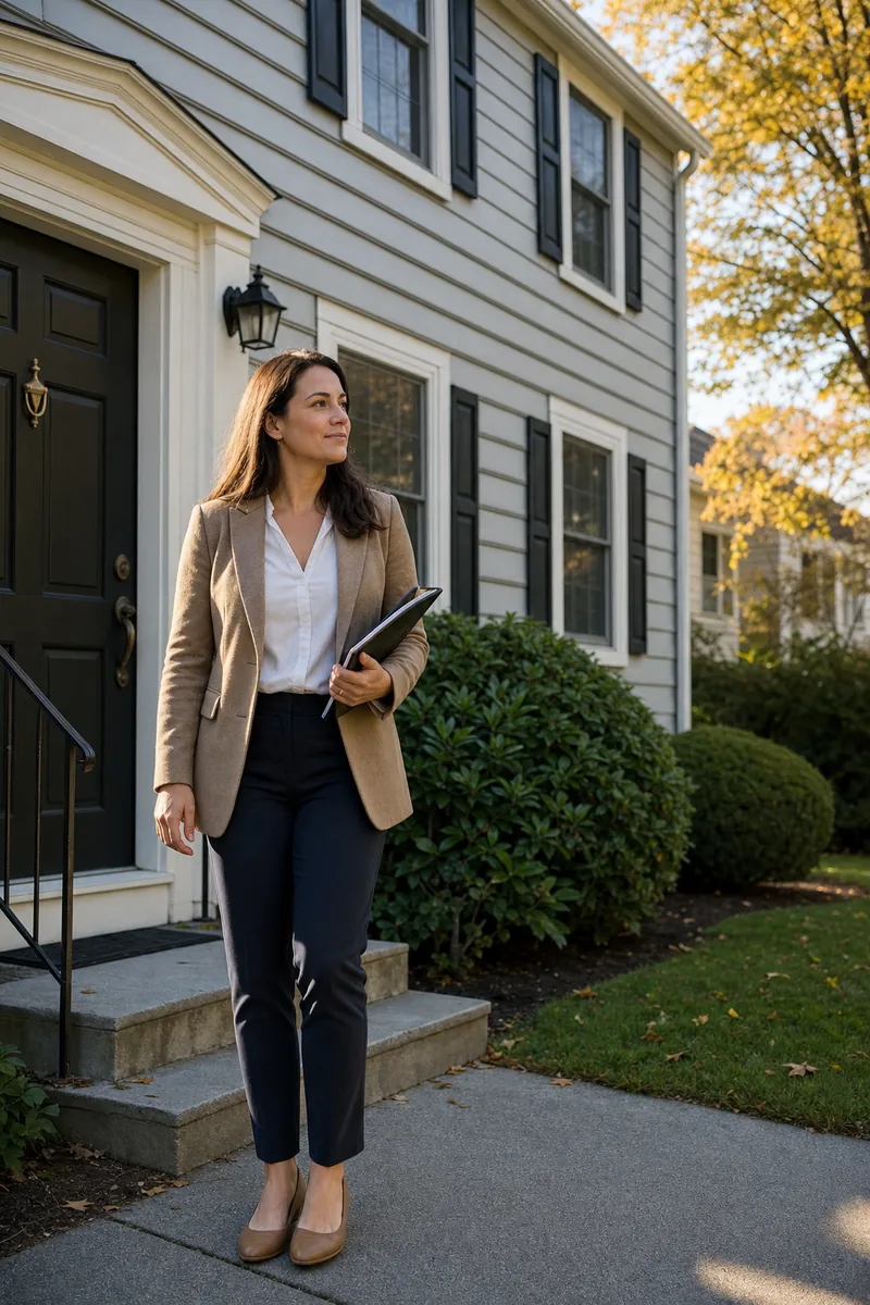 A real-estate agent in a blazer, holding a work folder, standing on the front walk of a clapboard colonial house in late-afternoon light.